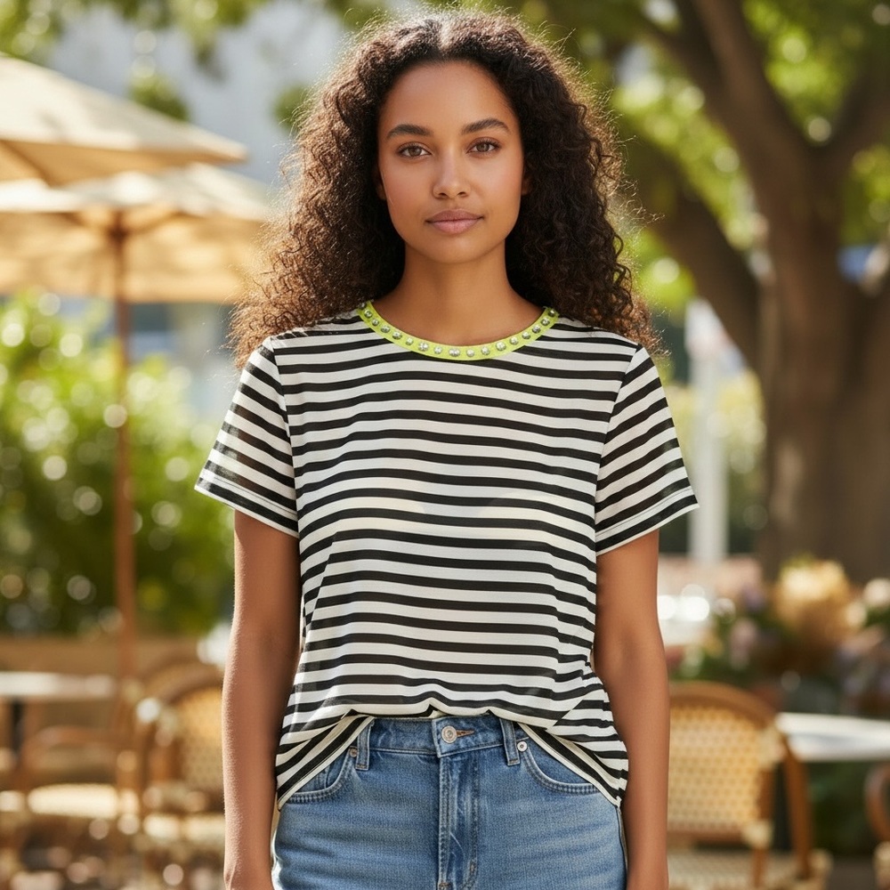 LOFT Striped Gray and White Blouse with Neon Neckline and Jewel Accents